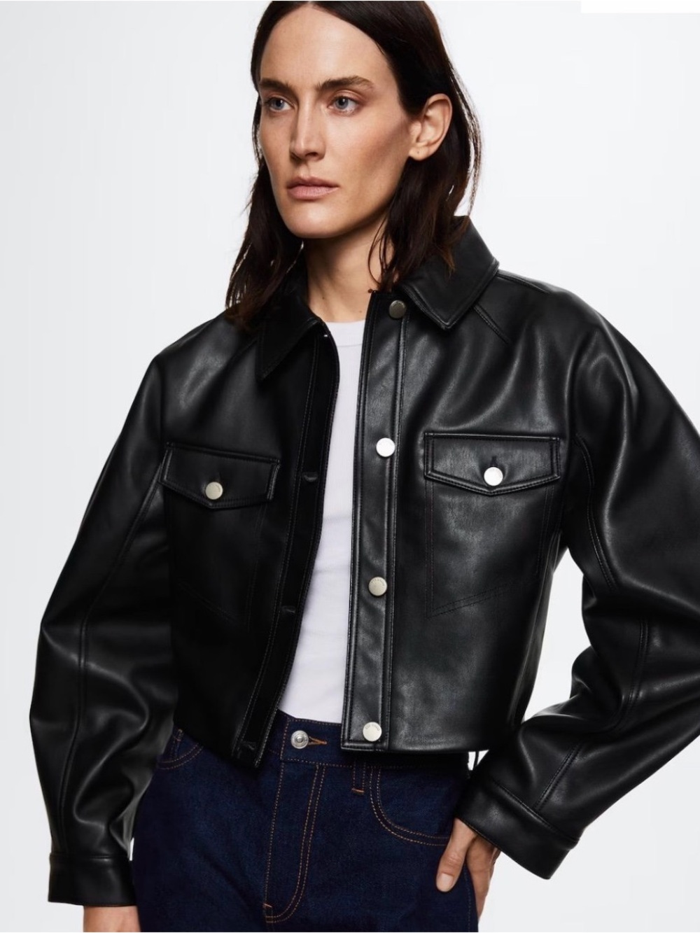 Mango MNG Cropped Faux Leather Jacket -‎ Black Button-Up Utility - Size S